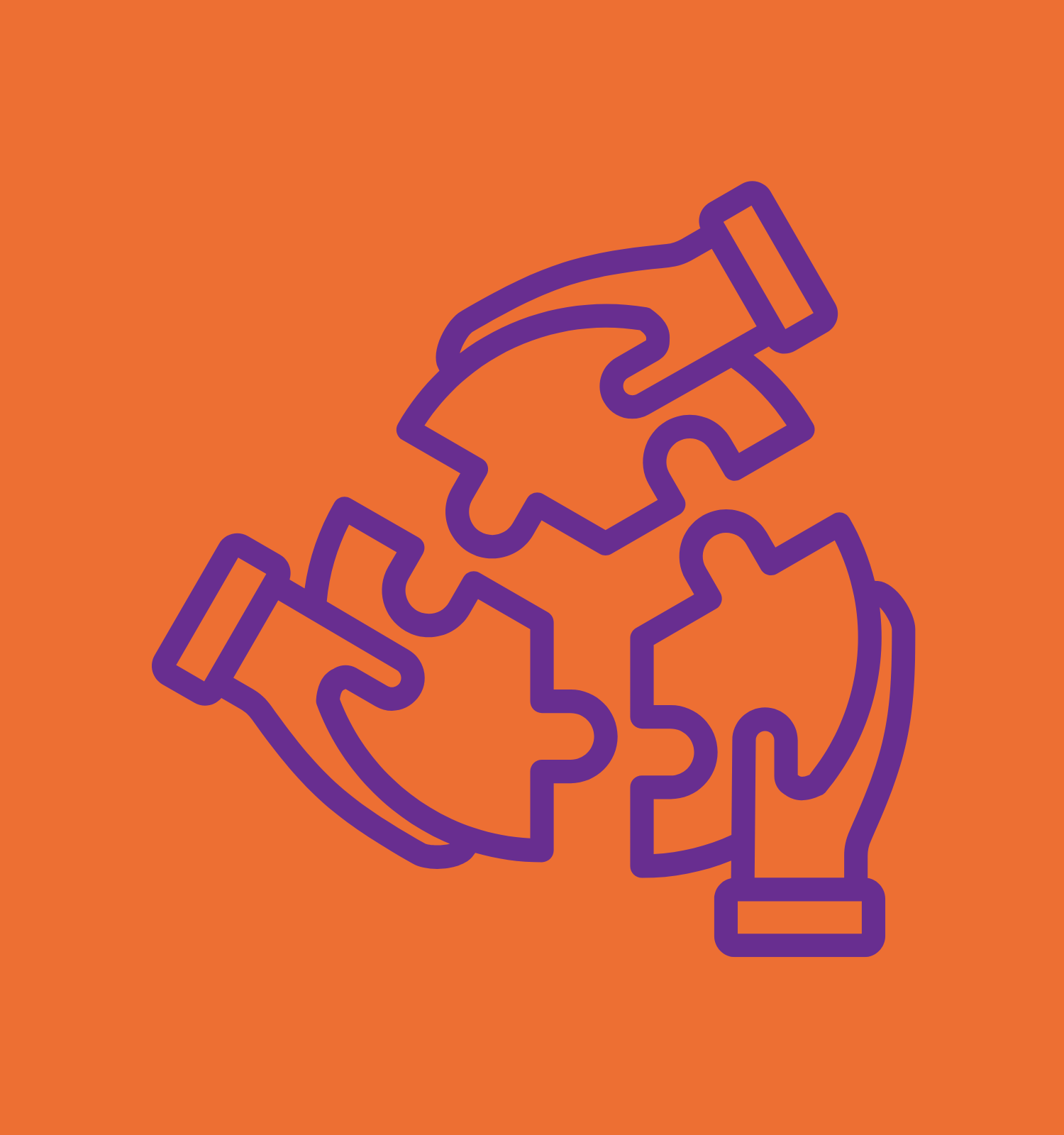 A line drawing of two hands holding puzzle pieces on an orange background.