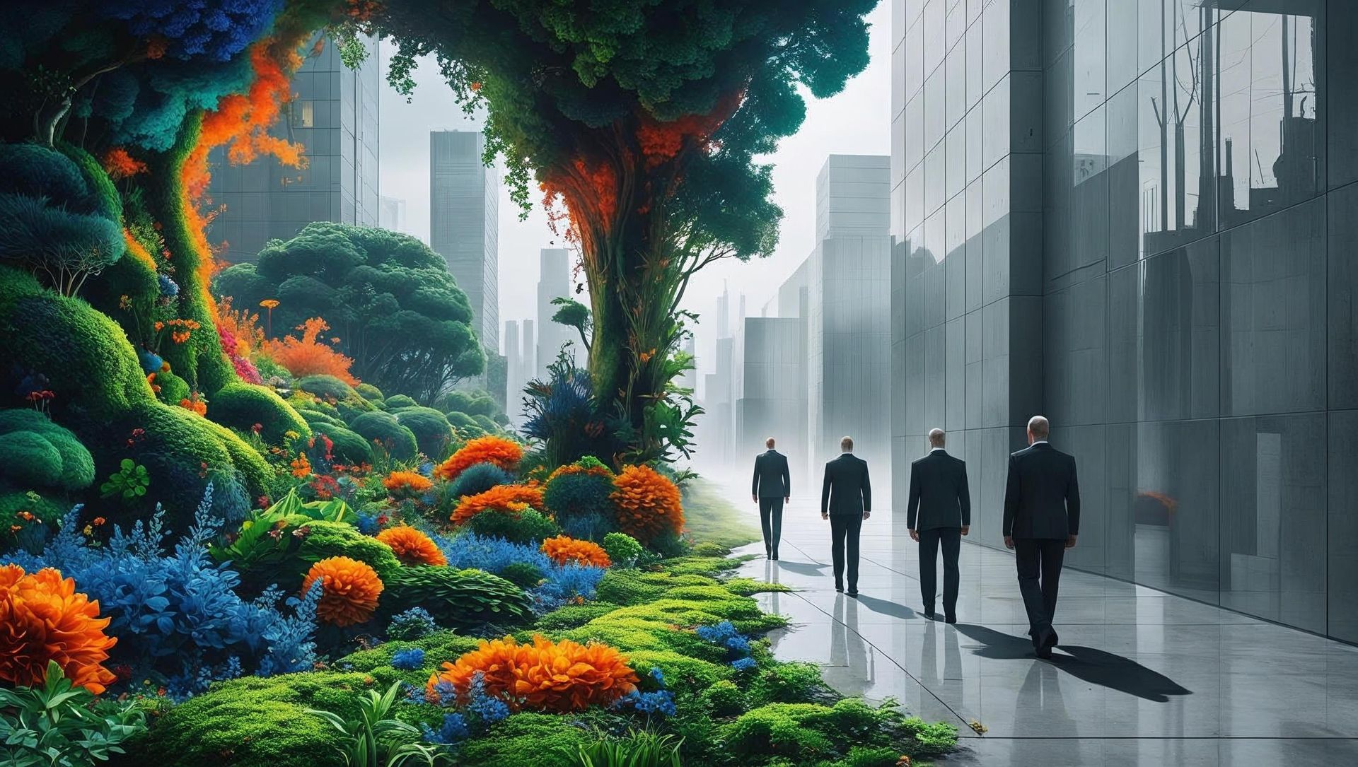 Sidewalk with executives separating skyscrapers from a beautiful garden with colorful flowers. 