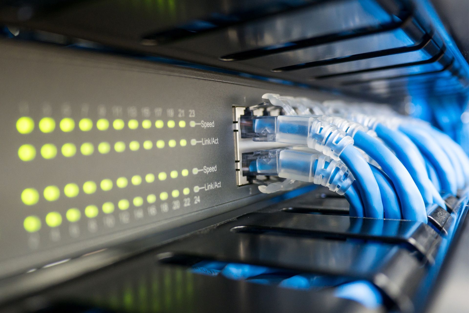 A bunch of wires are connected to a server