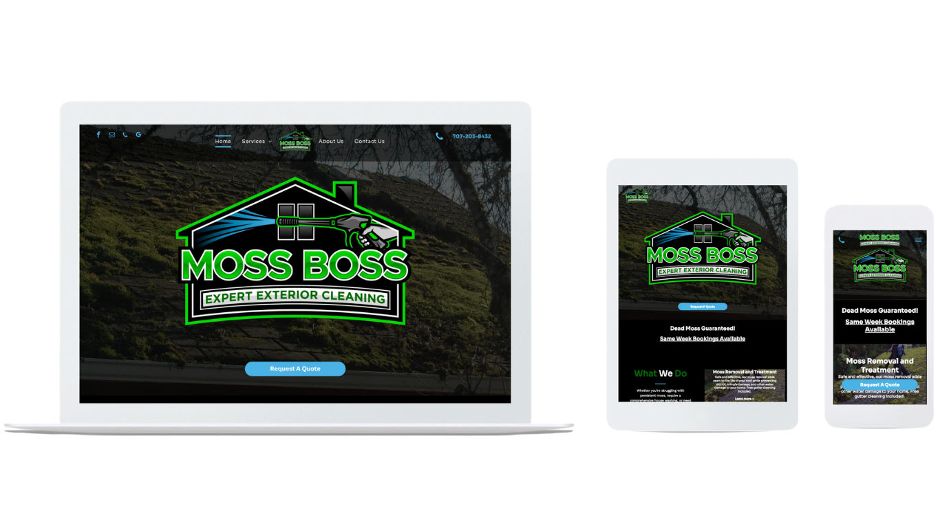 Mockup of the Moss Boss website displayed on a laptop, tablet, and smartphone screen.