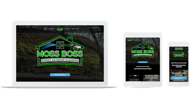 Mockup of the Moss Boss website displayed on a laptop, tablet, and smartphone screen.