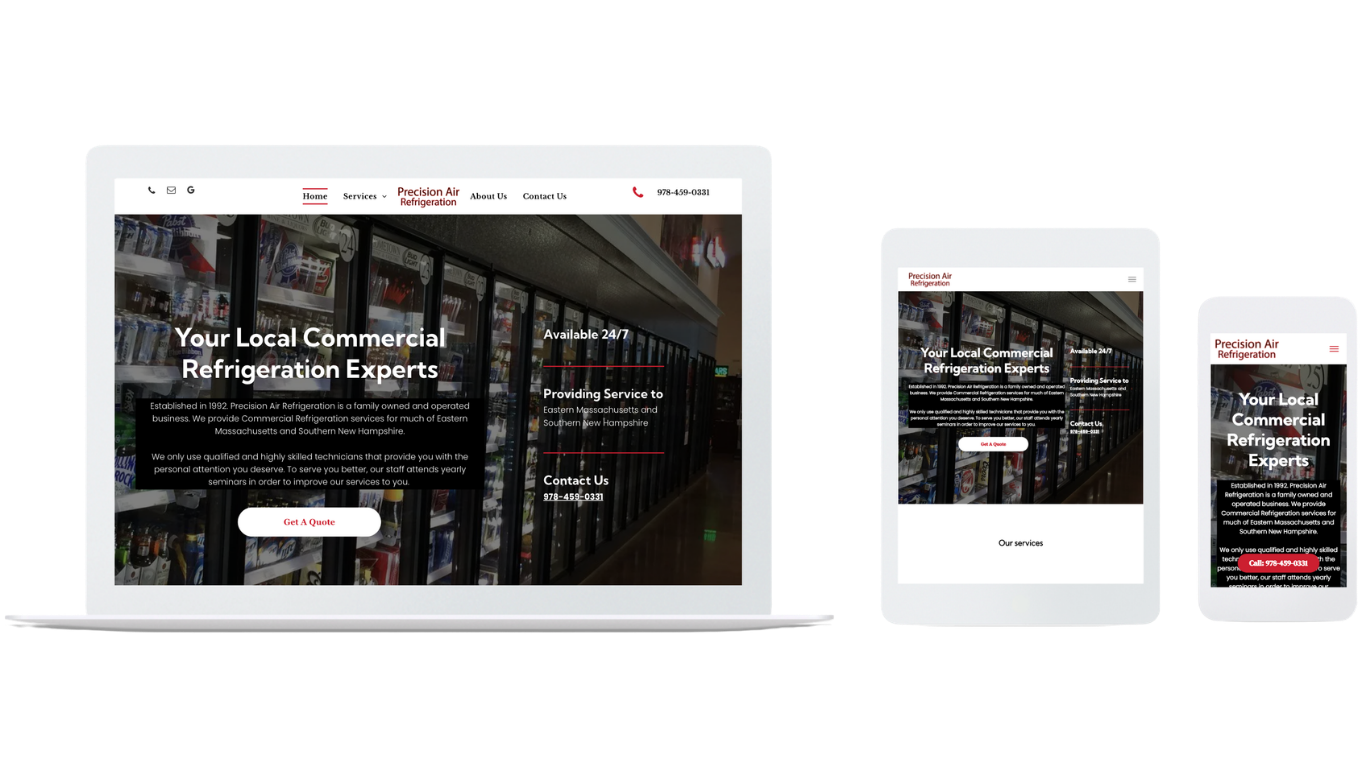 A laptop, tablet, and smartphone displaying a responsive website for a commercial refrigeration services company.