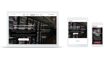 A laptop, tablet, and smartphone displaying a responsive website for a commercial refrigeration services company.