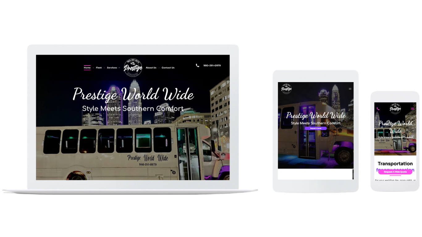 A laptop, tablet, and smartphone displaying a responsive website with a night cityscape background and brand logo.