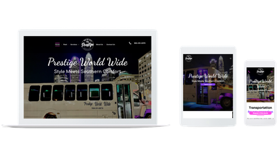 A laptop, tablet, and smartphone displaying a responsive website with a night cityscape background and brand logo.