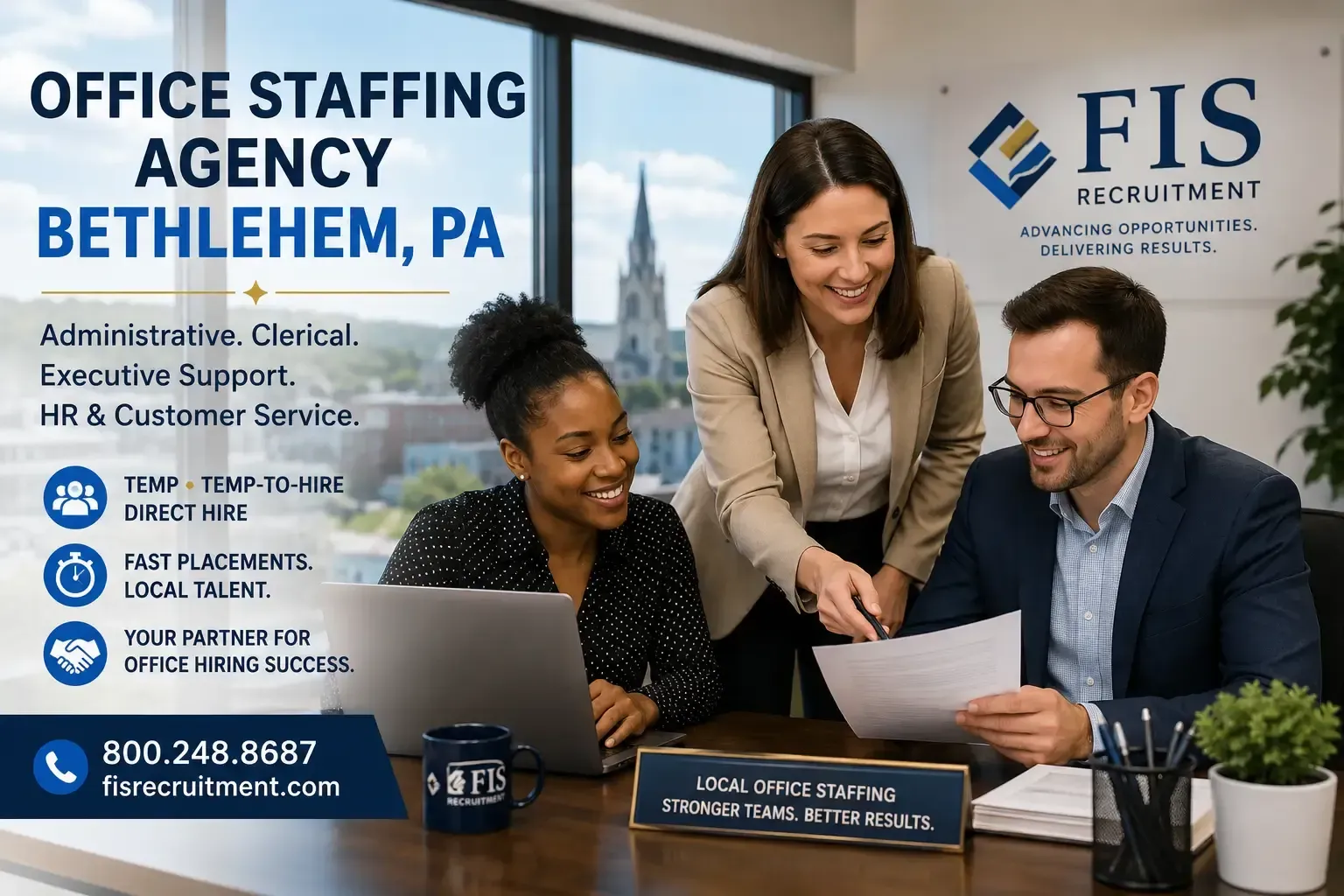 FIS Recruitment office staffing team reviewing administrative and clerical hiring needs in Bethlehem