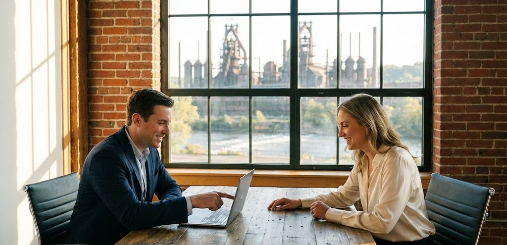 Professionals collaborating at Bethlehem PA employment agency, SteelStacks view.