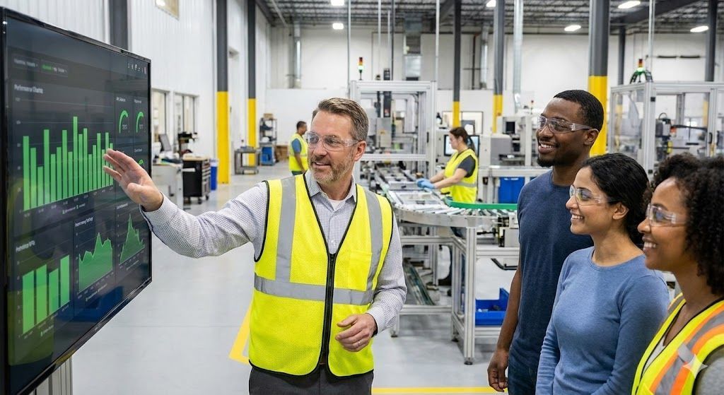 Executive leader in a Bethlehem, PA manufacturing facility discussing performance data on a screen