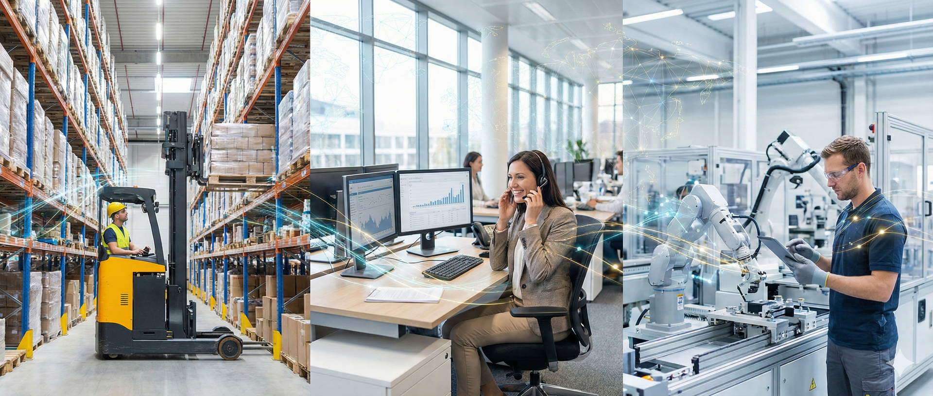 A wide composite image illustrating the Lehigh Valley, PA workforce, showing a logistics forklift op