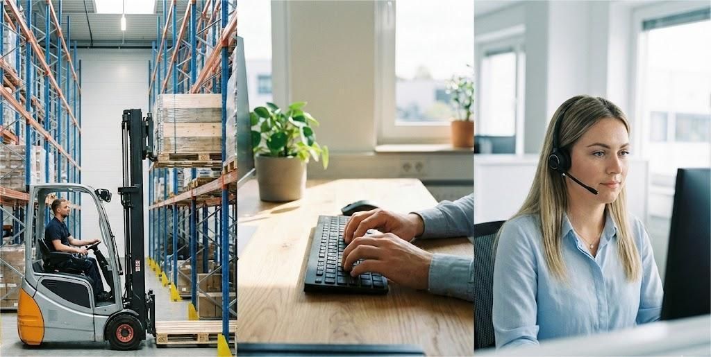 Triptych photo showing a warehouse forklift, hands typing in office, and a customer service agent.