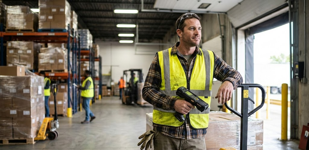 Reliable warehouse associate with scanner and pallet jack in a Hazleton, PA distribution center.