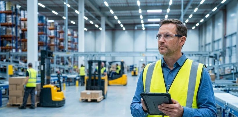 Warehouse staffing strategy in Hazleton PA depicted by a manager with a tablet.