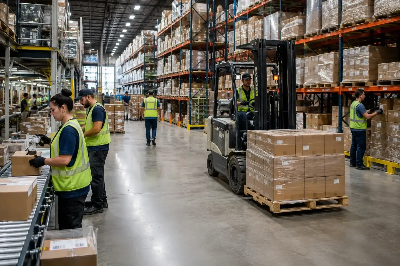 Warehouse associates and a forklift operator working a Lehigh Valley, PA distribution center.