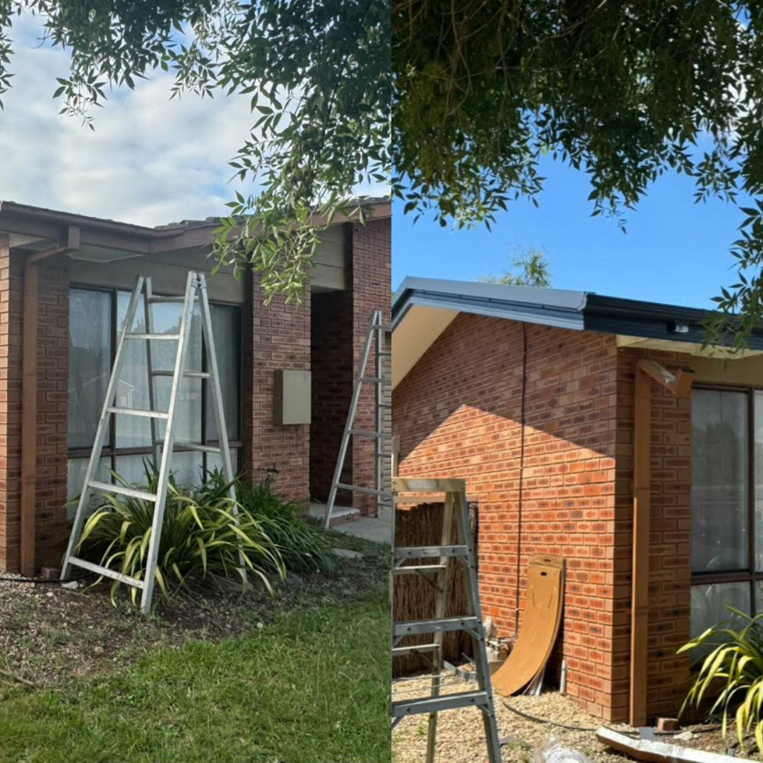 A Before and After Picture of a Brick House With a Ladder in Front of It — CBR Maintenance In Curtin, ATC