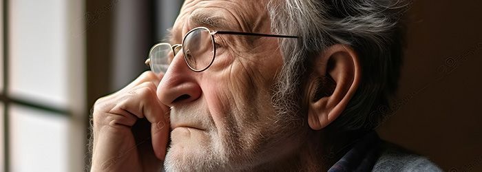 elderly man contemplating while looking out the window 