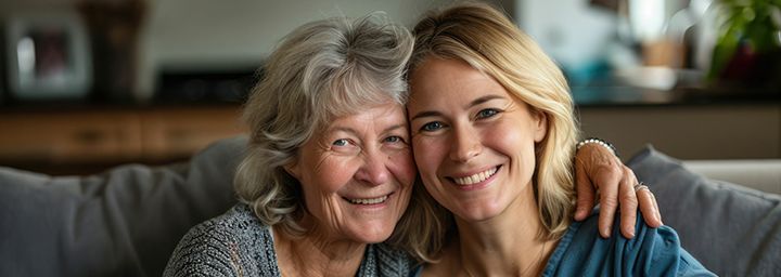 A mother and daughter are posing for a picture while sitting on a couch.