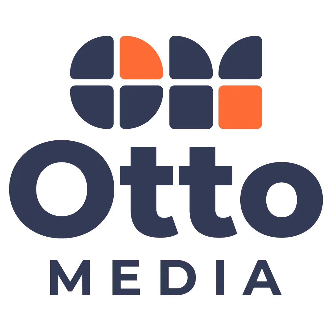 Logo for Otto Media: dark blue wordmark below a stylized design of squares and half-circles in dark blue and orange.