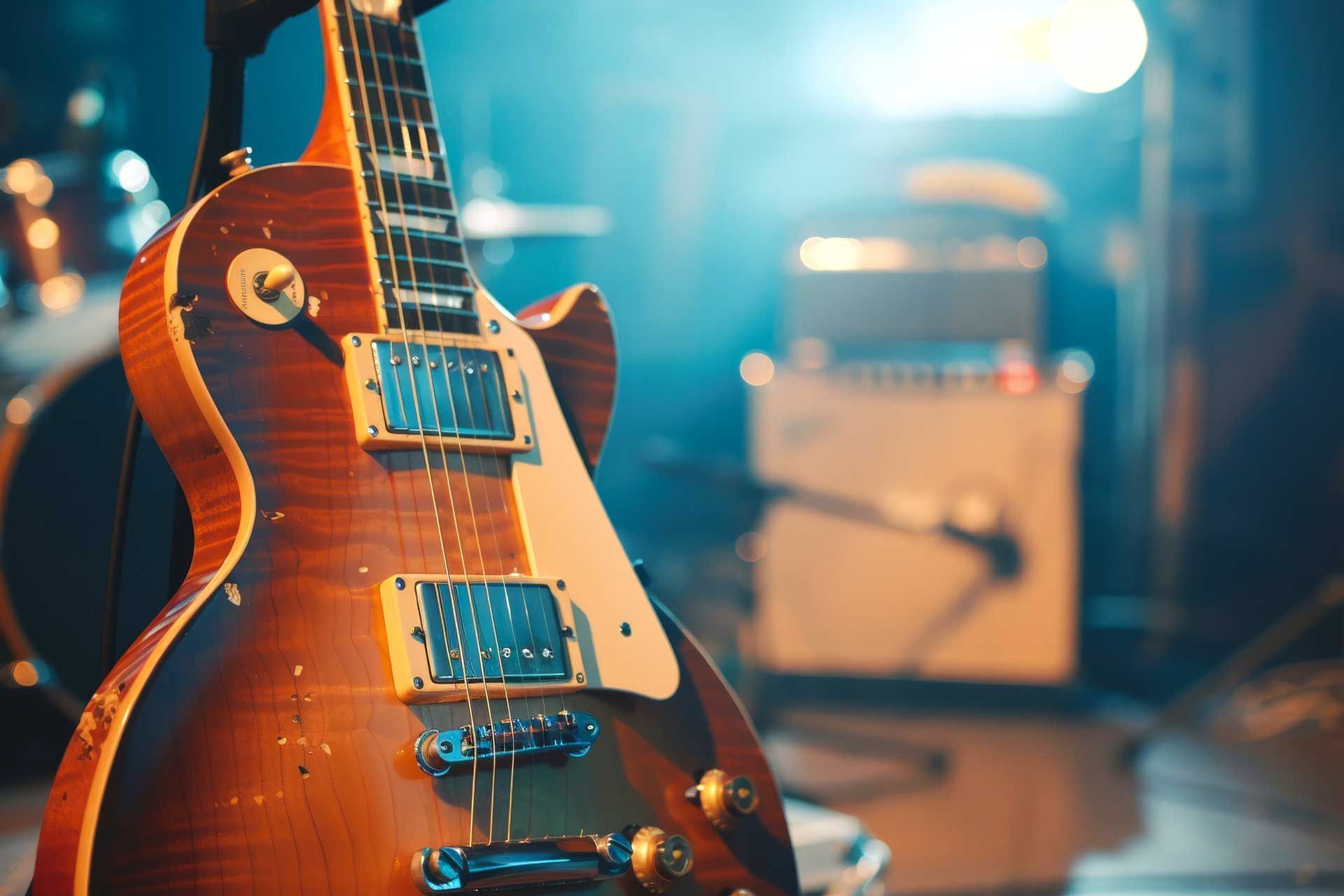 Close-up of a vintage brown electric guitar on stage, blue and white stage lighting.
