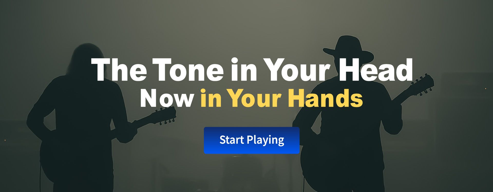 Silhouettes of two guitarists, with white text 