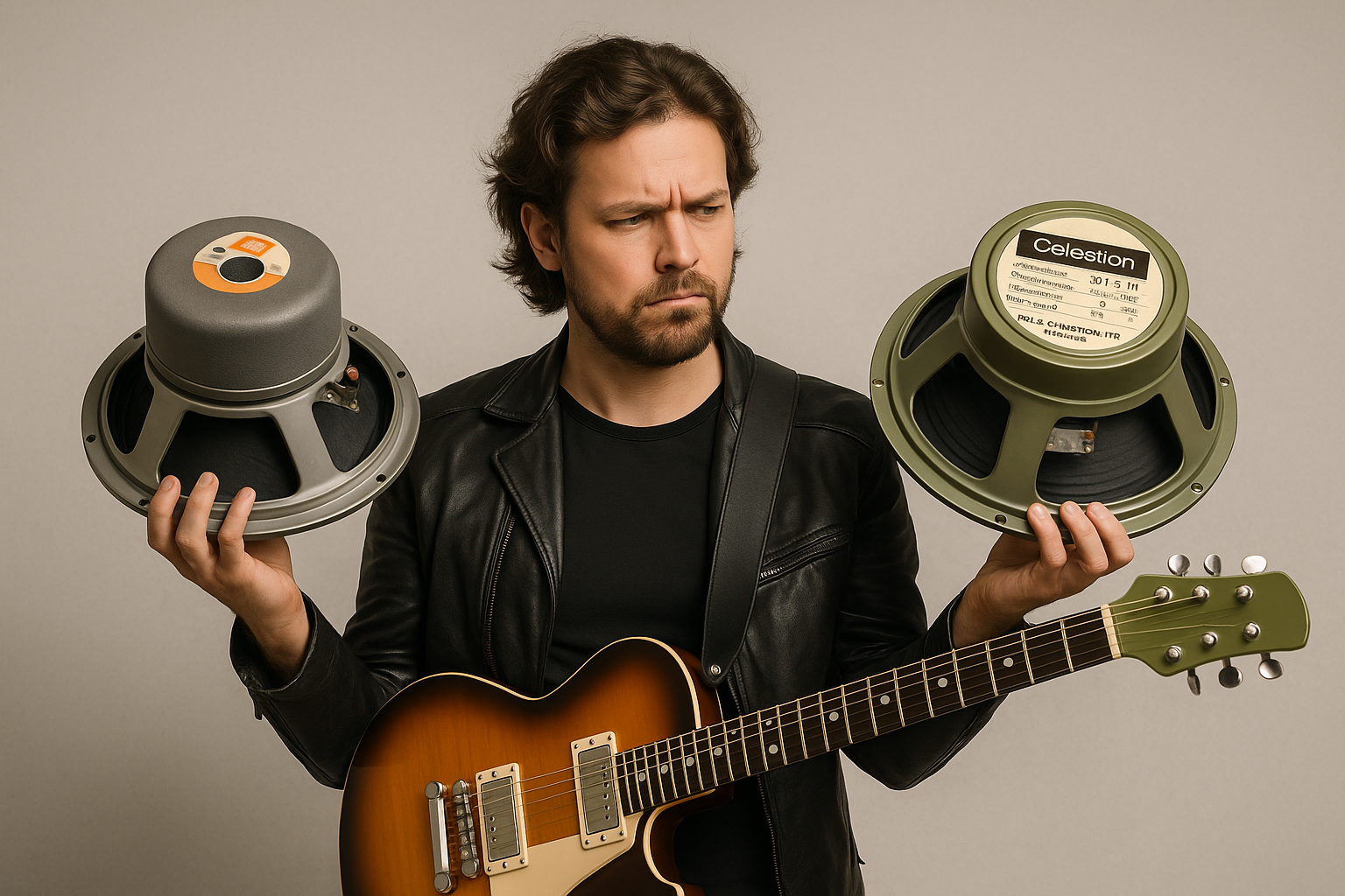 A man is holding a guitar and two speakers in his hands.