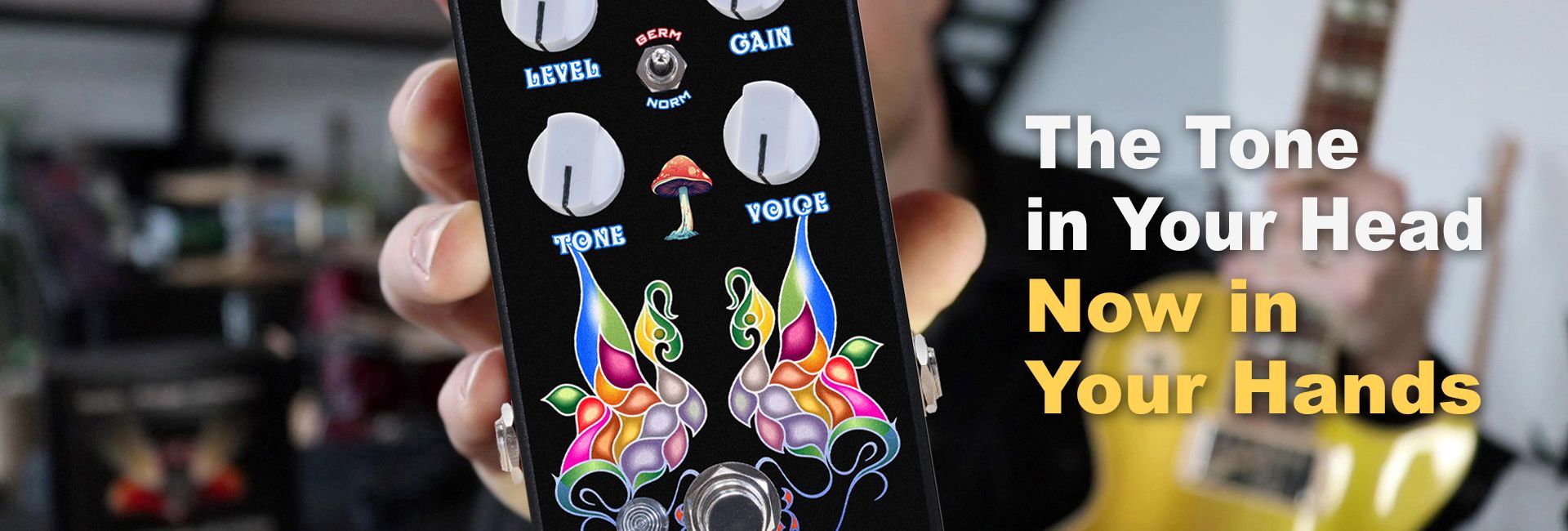 colorful guitar effects pedal with text: 