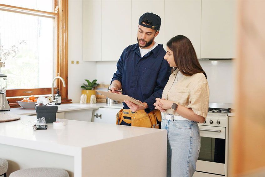 Woman, kitchen and plumber with contract on clipboard for maintenance service, information and repairs. House, discussion and man with notes in checklist for renovation, inspection or client feedback