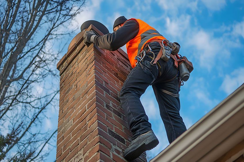 Chimney repairman climbs a brick chimney wearing safety gear and an orange vest on a cloudy day.