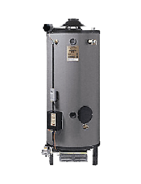 Large, silver water heater on a white background. Features a vent, control panel, and gas line.