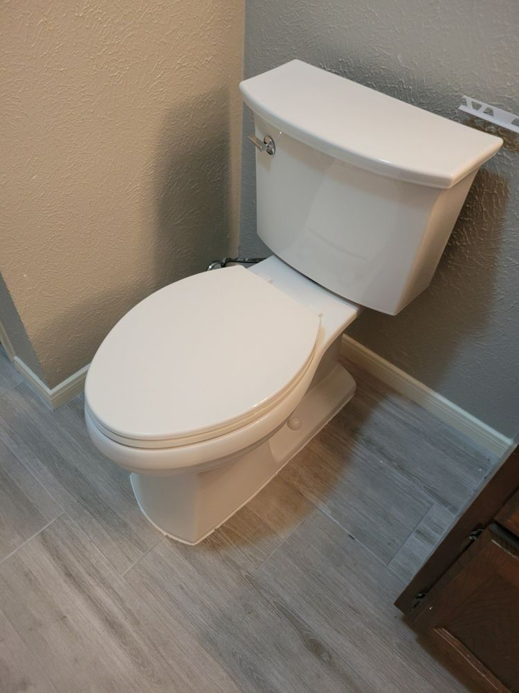 White toilet in a bathroom with gray walls and wood-look tile flooring.