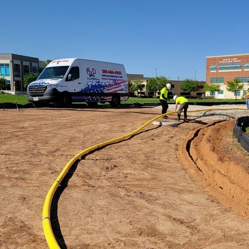 Two workers laying a yellow pipe in dirt, next to a service van. Buildings are in the background.