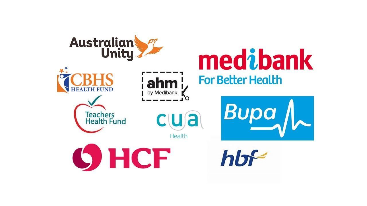 Logos of Australian health insurance providers including Medibank, Bupa, and HCF.