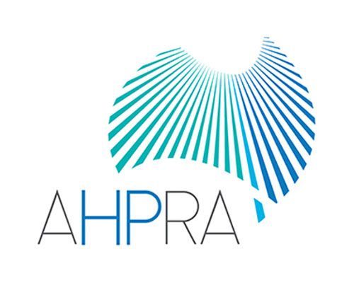 AHPRA logo: Australia outline with blue/teal lines radiating outwards. AHPRA text below.