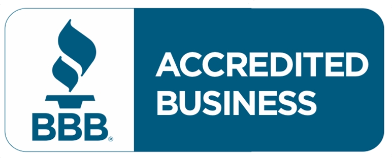 BBB Accredited Business logo, blue and white, with a torch and the words