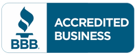 BBB Accredited Business logo, blue and white, with a torch and the words 