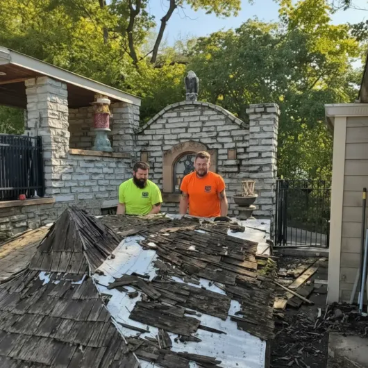 Two men in safety vests working on a damaged roof with a stone structure in the background.