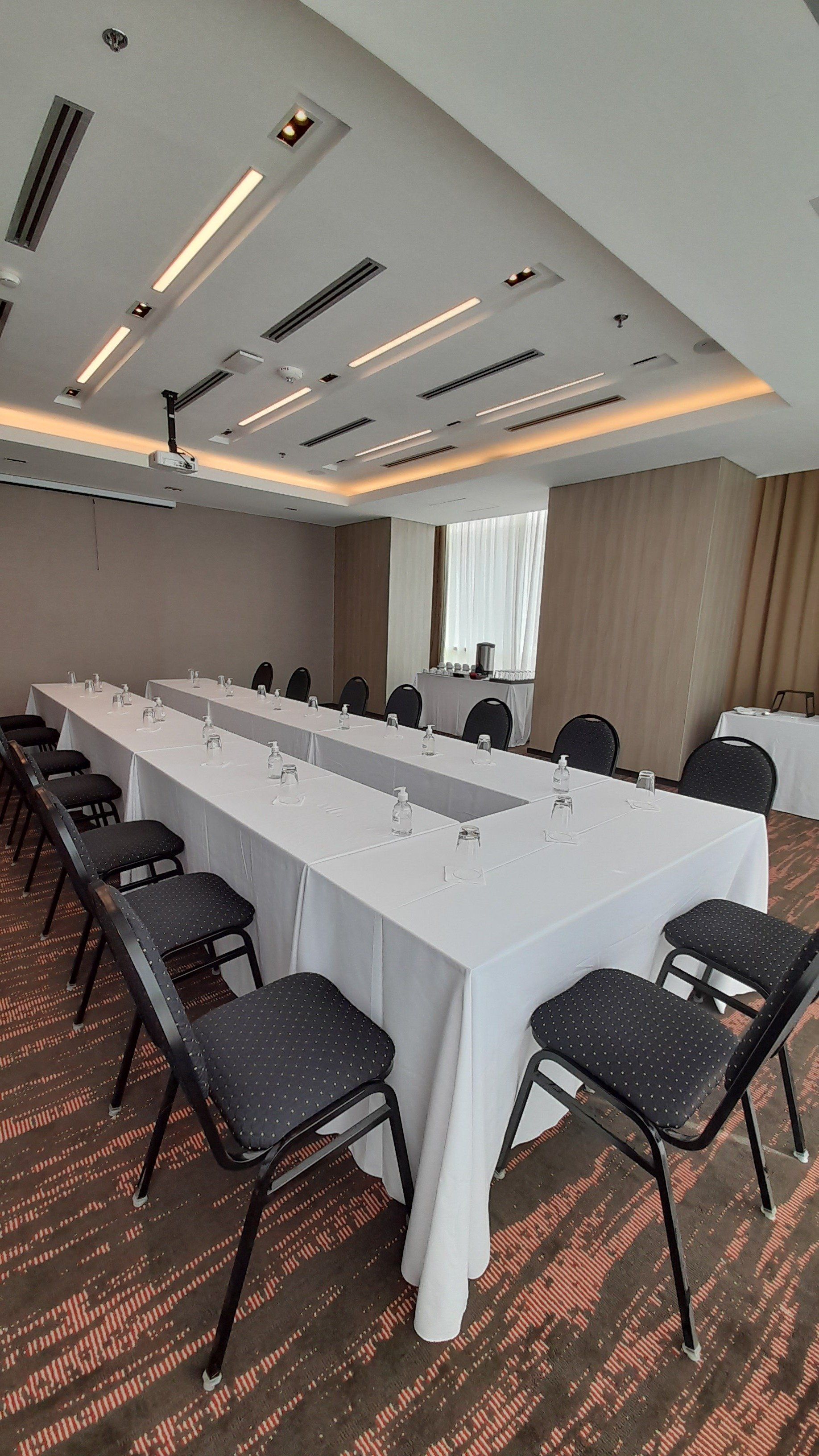 Hay una mesa larga y sillas en la habitación.