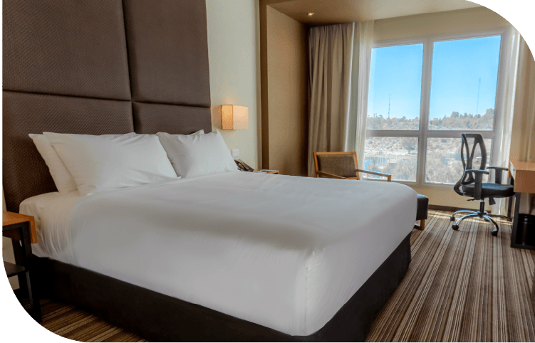 Una habitación de hotel con cama king size, escritorio, silla y ventana grande.