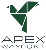 Apex Waypoint primary brand logo featuring dark green origami hummingbird above dark blue text.