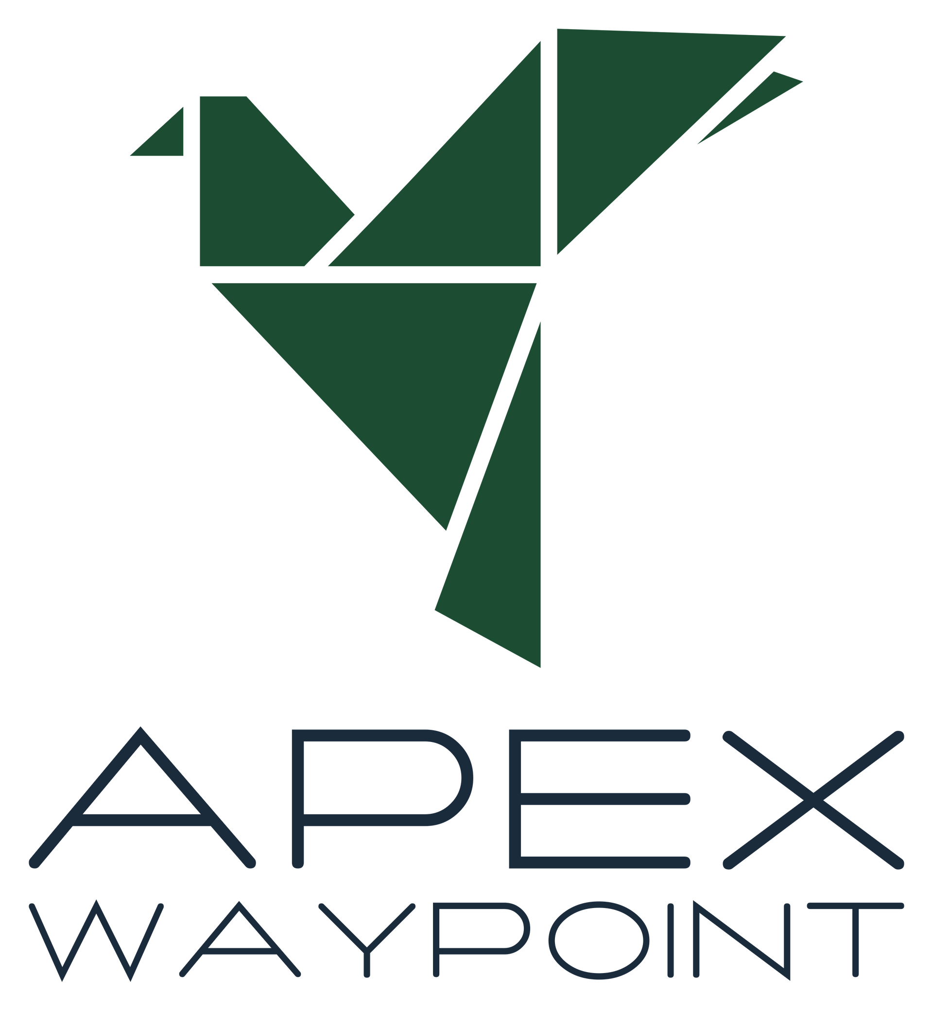 Apex Waypoint primary brand logo featuring dark green origami hummingbird above dark blue text.
