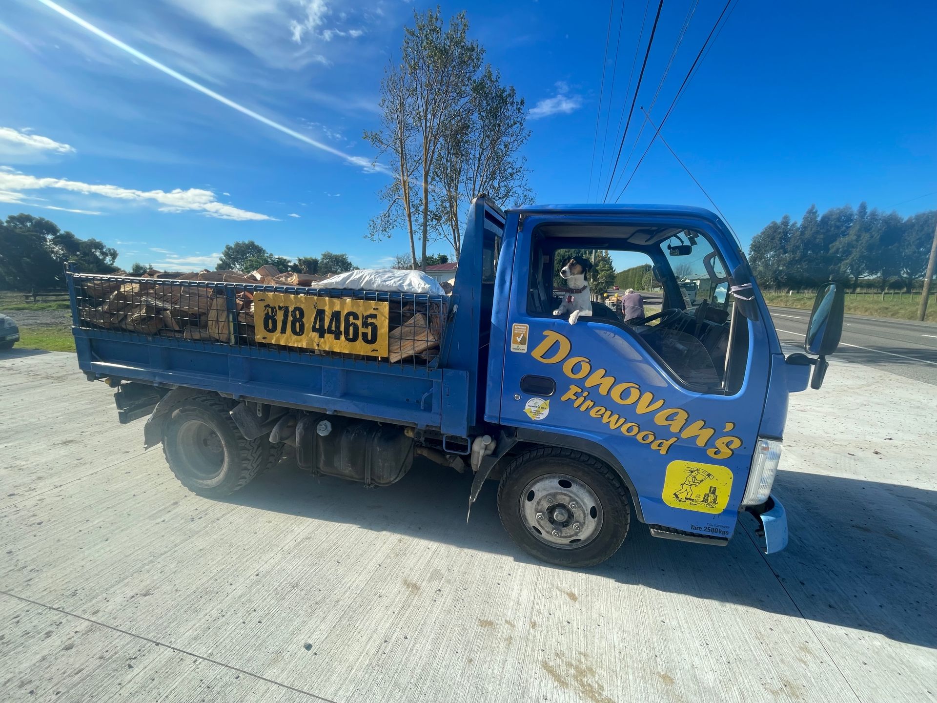 A blue dump truck is parked on the side of the road.