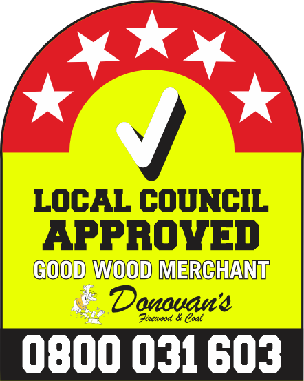 A sign with a red top and yellow bottom, featuring five stars, a checkmark, and text: 