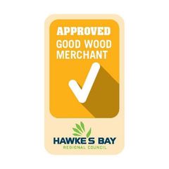Approved Good Wood Merchant badge, gold with white check, Hawke's Bay Regional Council logo.