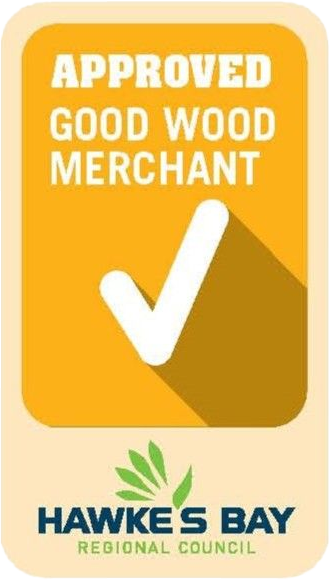 Approved Good Wood Merchant badge, gold with white check, Hawke's Bay Regional Council logo.