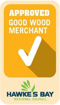 Approved Good Wood Merchant badge, gold with white check, Hawke's Bay Regional Council logo.