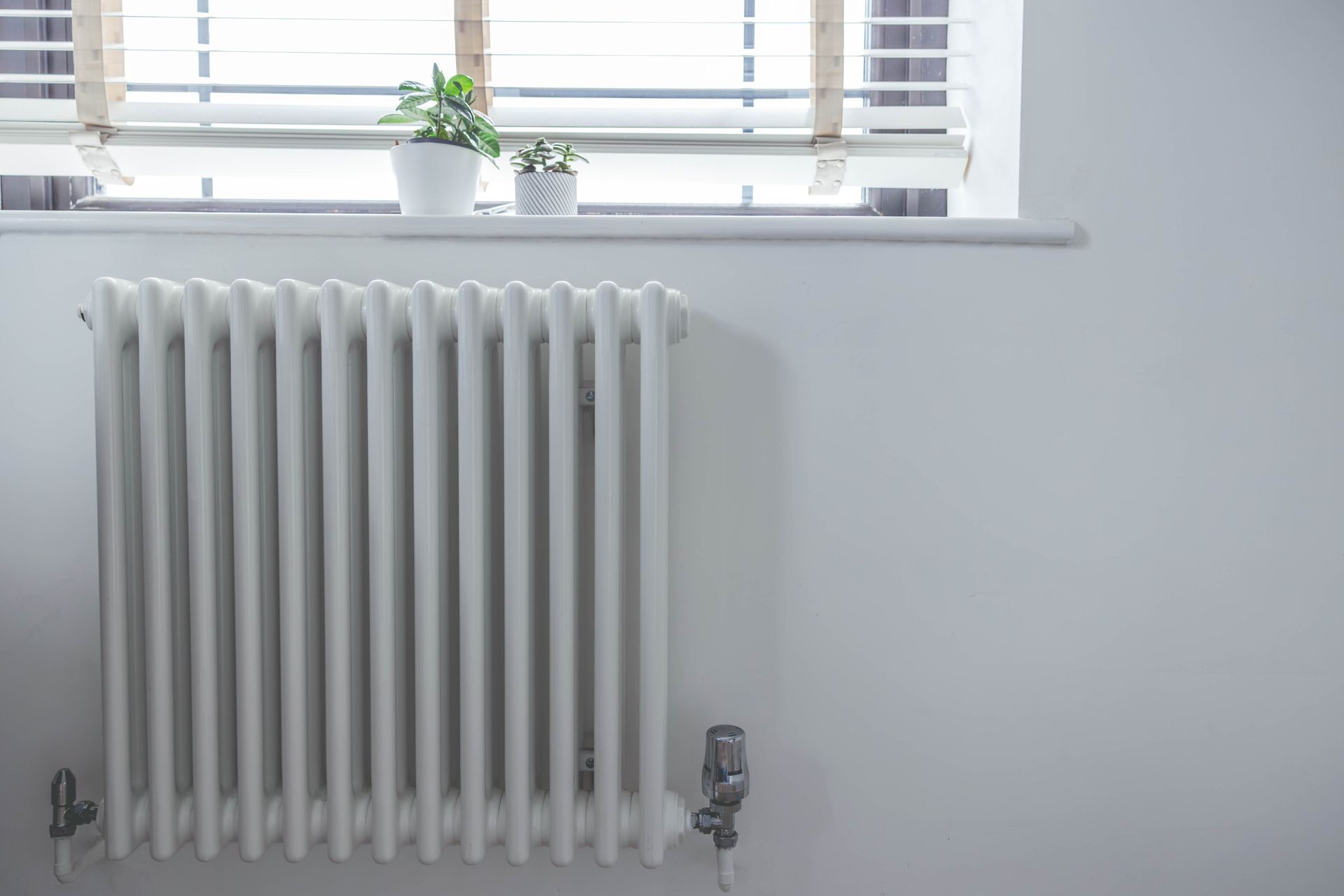 Un termosifone bianco sotto una finestra con le persiane, due piante in vaso sul davanzale, il tutto contro una parete bianca.