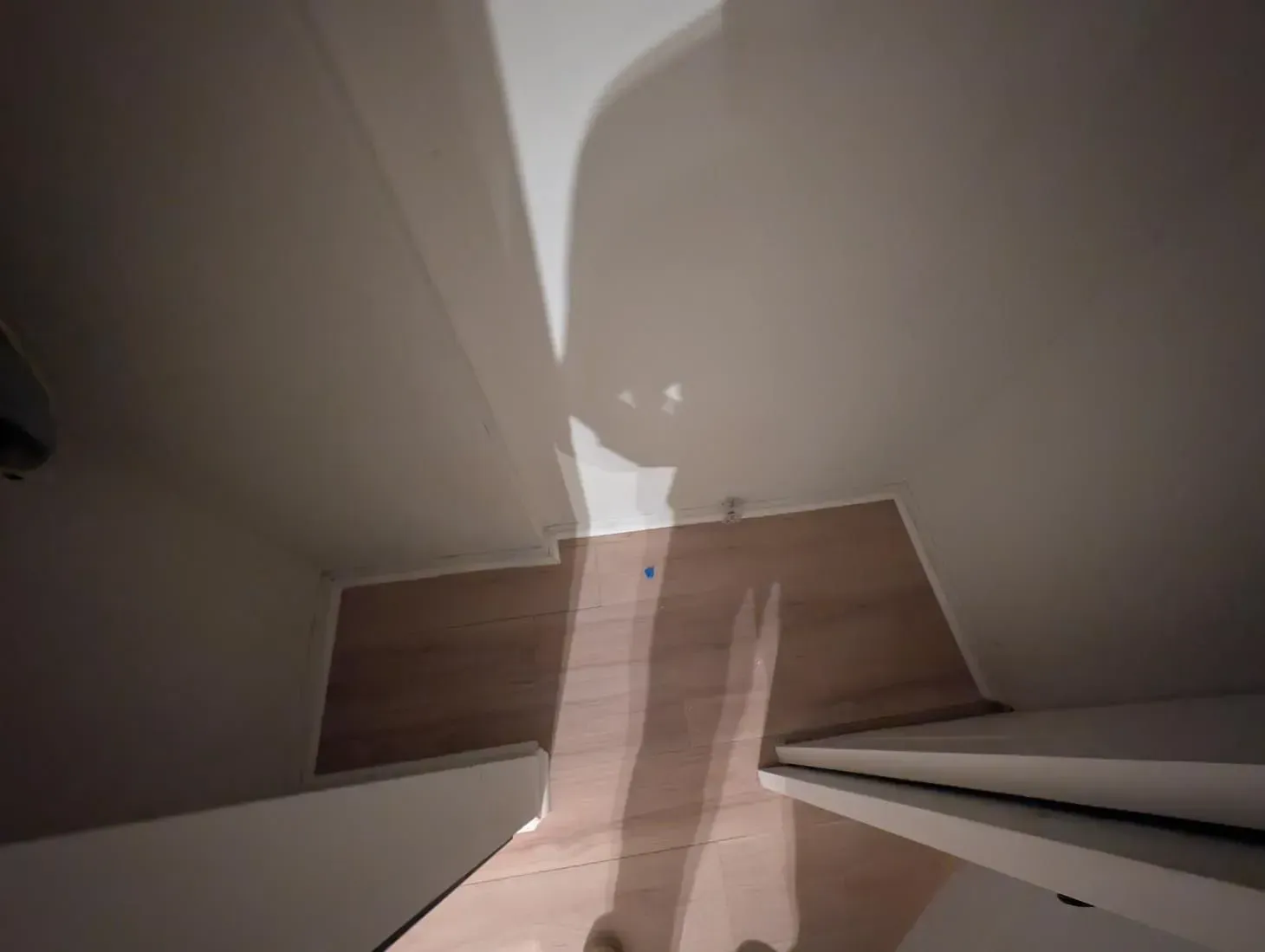 A shadow of a person is cast on a wooden floor in a room.