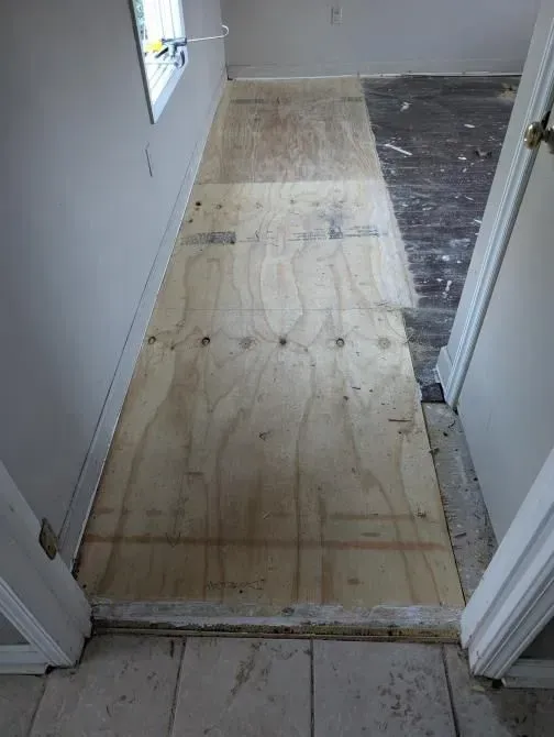 A hallway with a piece of plywood on the floor.