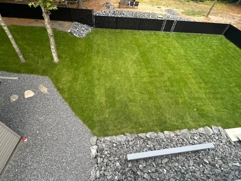 Une vue aérienne d'une pelouse verte luxuriante avec une clôture noire en arrière-plan.