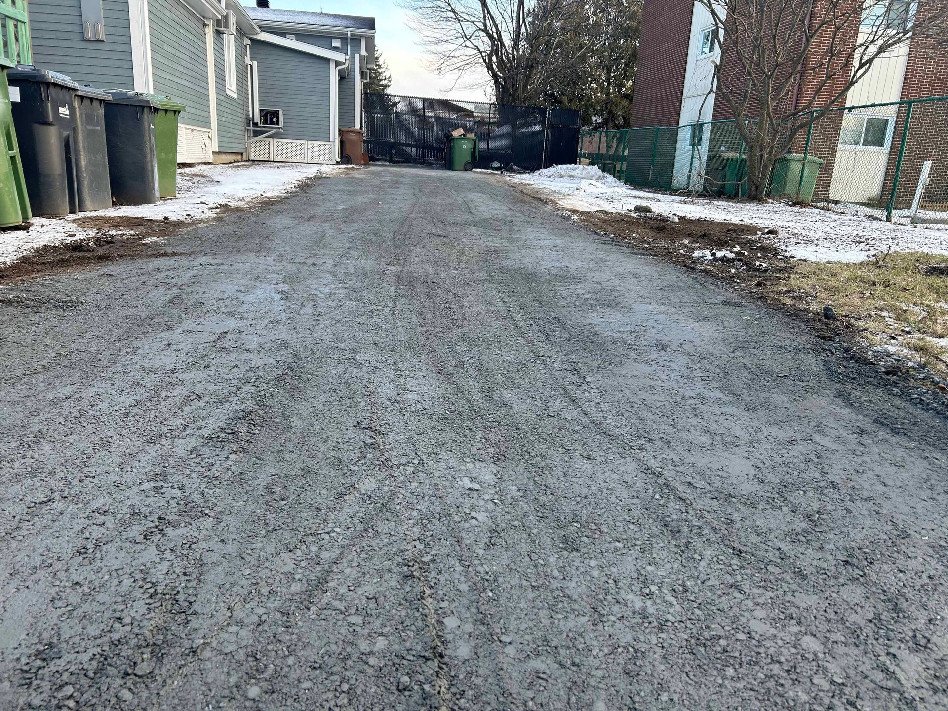 Une rue résidentielle avec beaucoup de poubelles sur le côté.