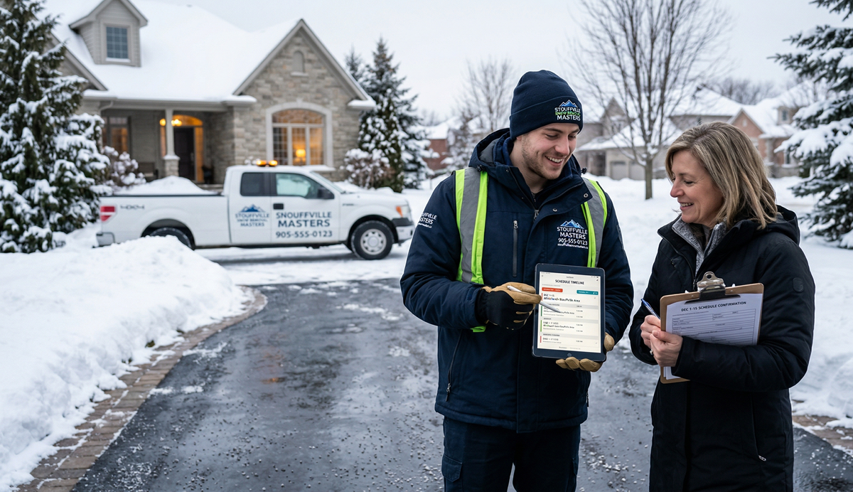 Snow removal specialists inspecting rooftop ice buildup